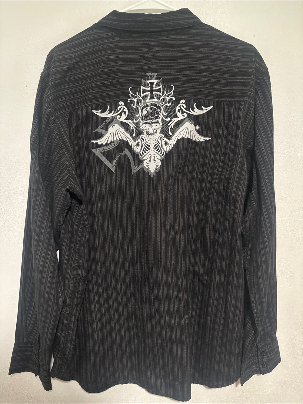 anchor blue Black Pinstriped Button-Up Shirt with White Crest Graphic